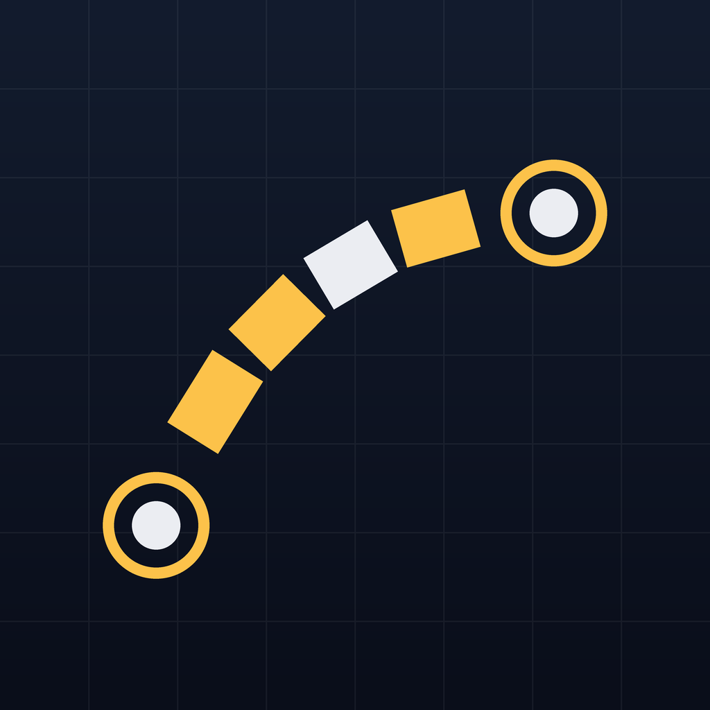 Skylanes app icon: an amber flight corridor curving between two runway-ringed cities